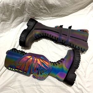 Dolls Kill Club Exx Rainbow Reflective Iridescent Butterfly Wing Combat Boots